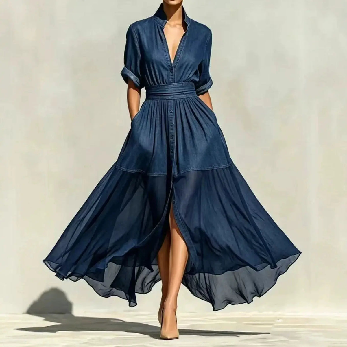 Danica Chiffon Denim Maxi Dress