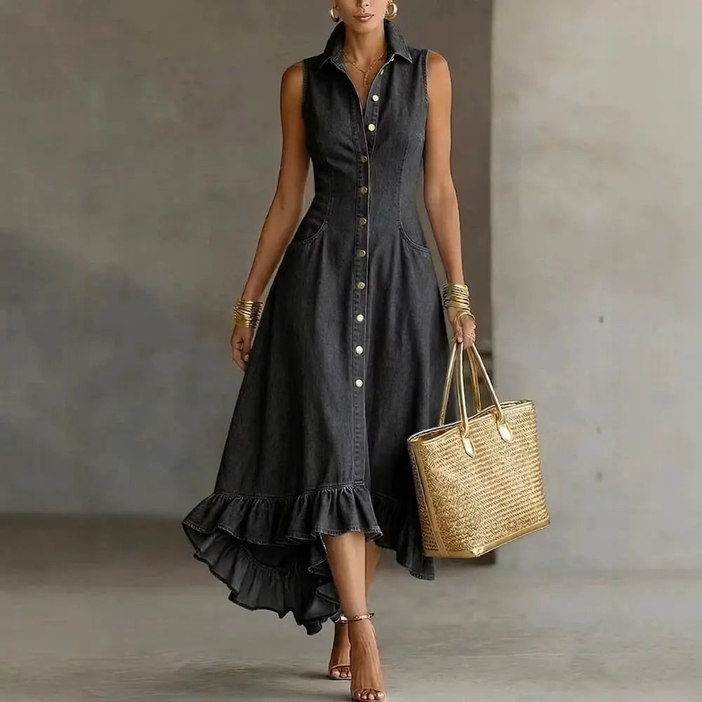 Luna Ruffle Denim Midi Dress