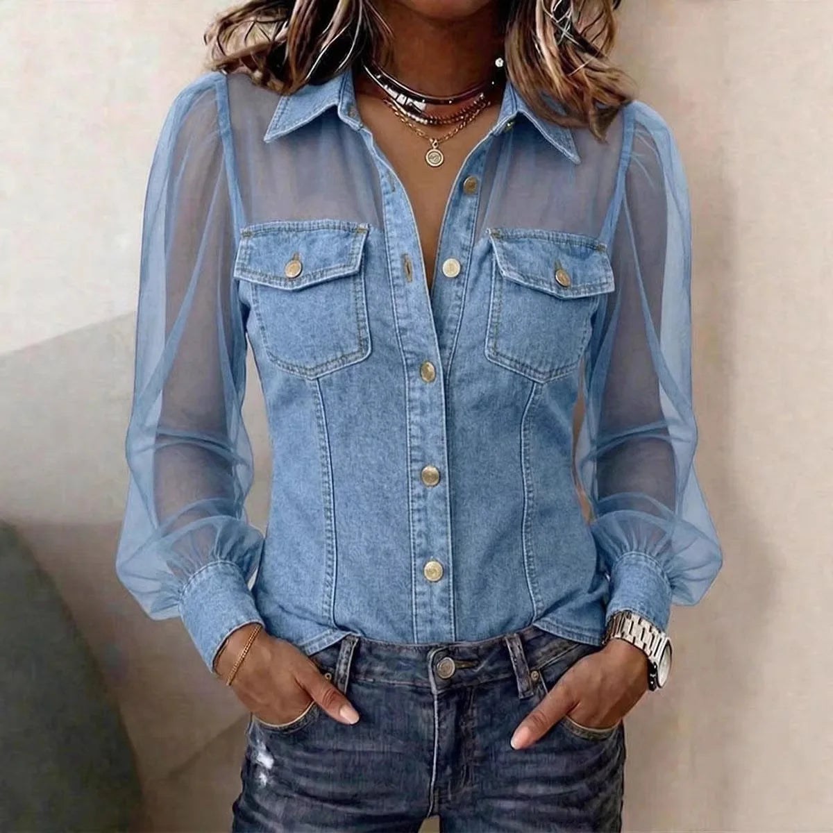 Celina Sheer Sleeve Denim Blouse