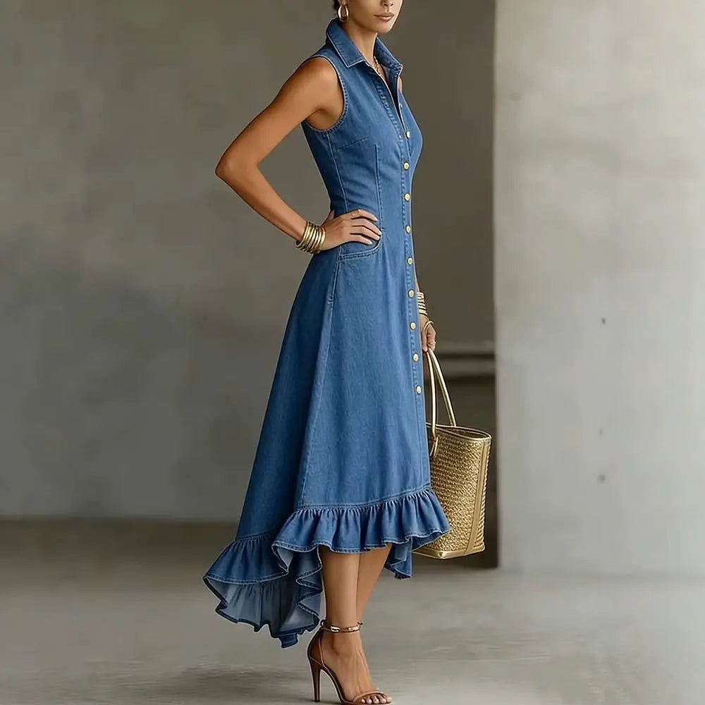 Luna Ruffle Denim Midi Dress