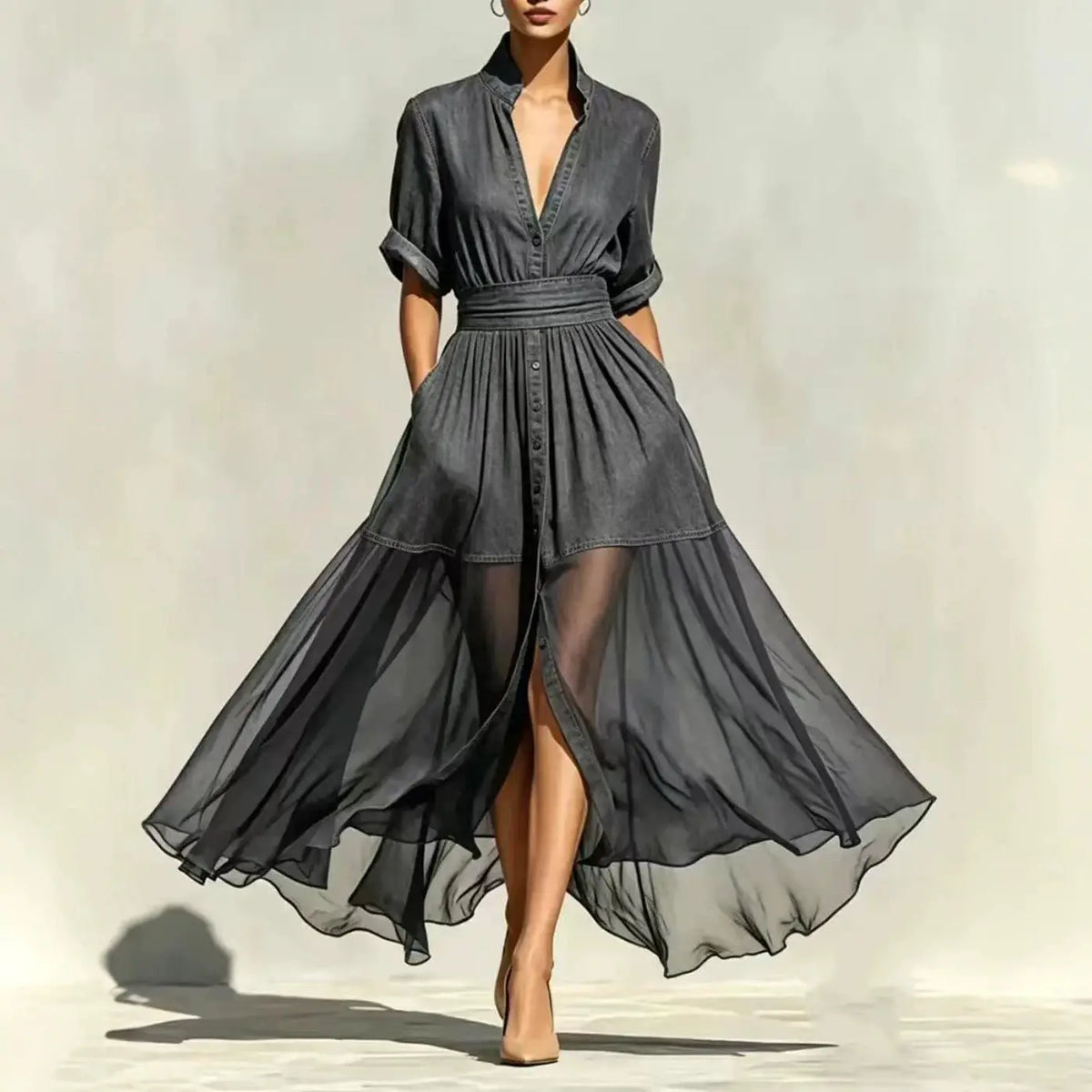 Danica Chiffon Denim Maxi Dress
