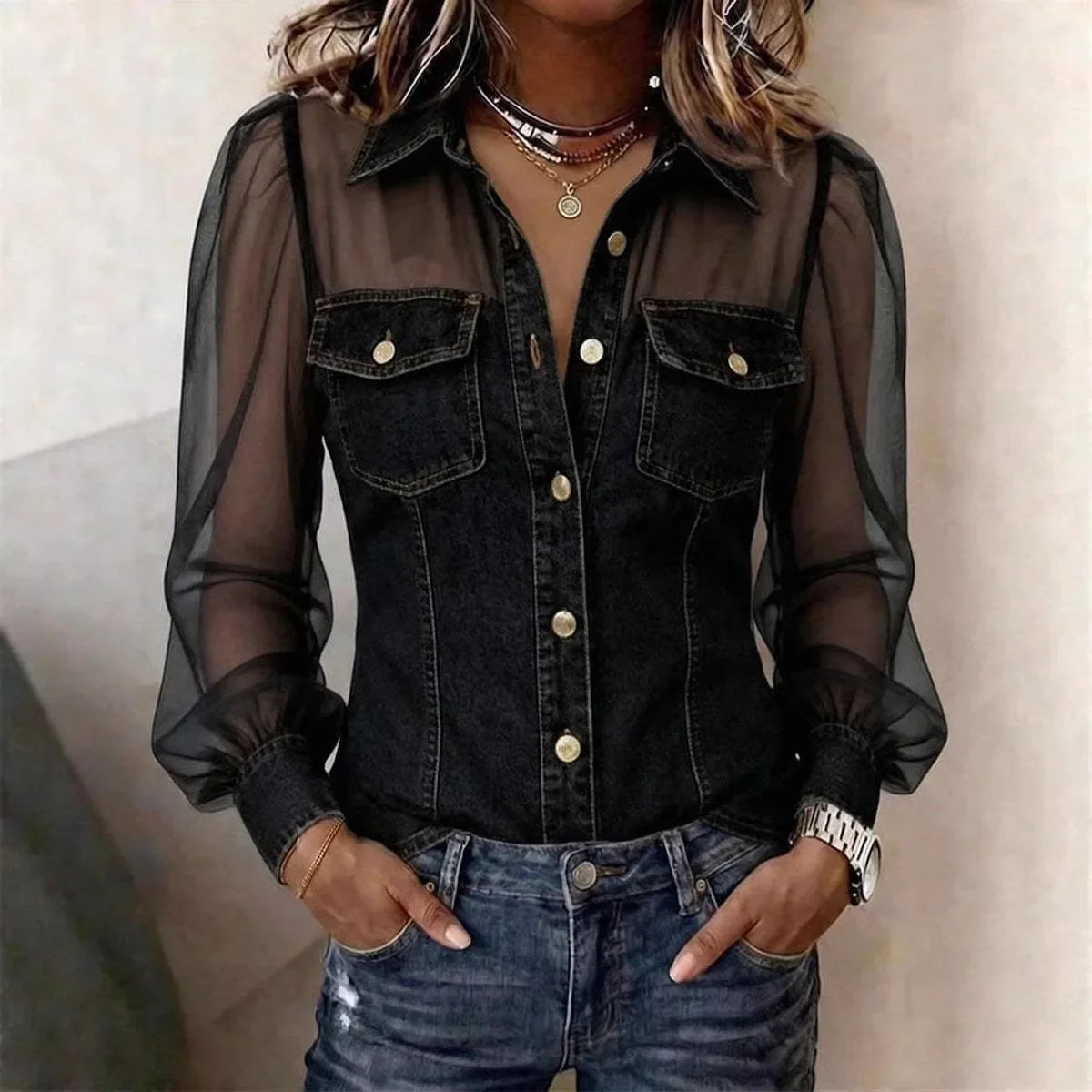 Celina Sheer Sleeve Denim Blouse