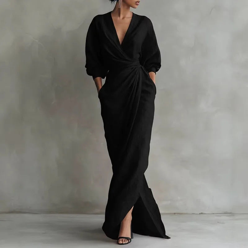 Bella V Neck Wrap Waist Long Dress