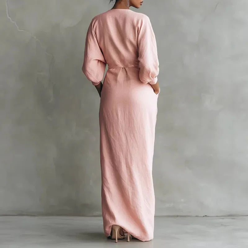 Bella V Neck Wrap Waist Long Dress