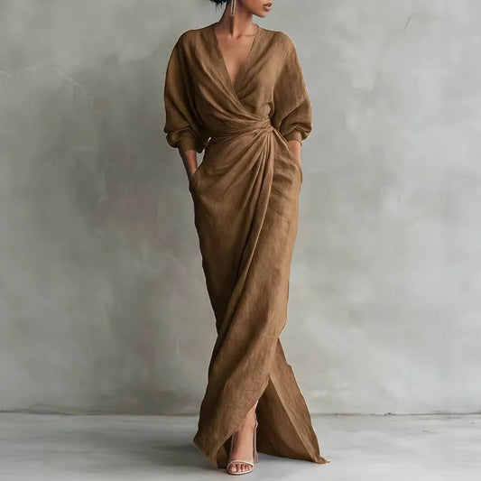 Bella V Neck Wrap Waist Long Dress