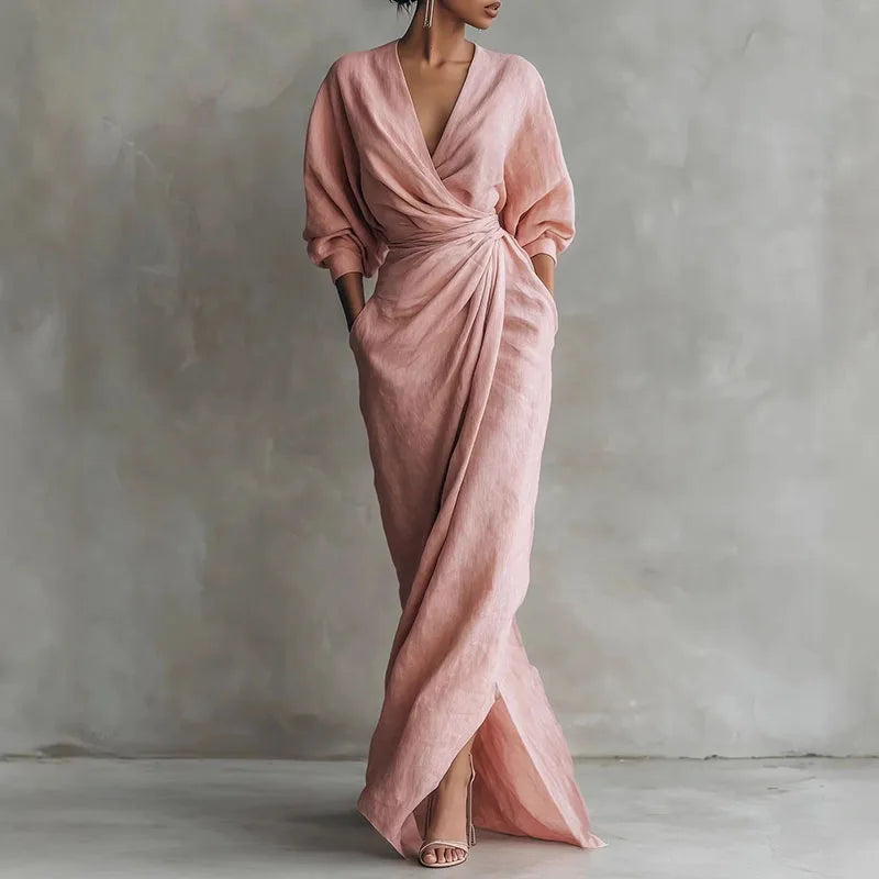 Bella V Neck Wrap Waist Long Dress