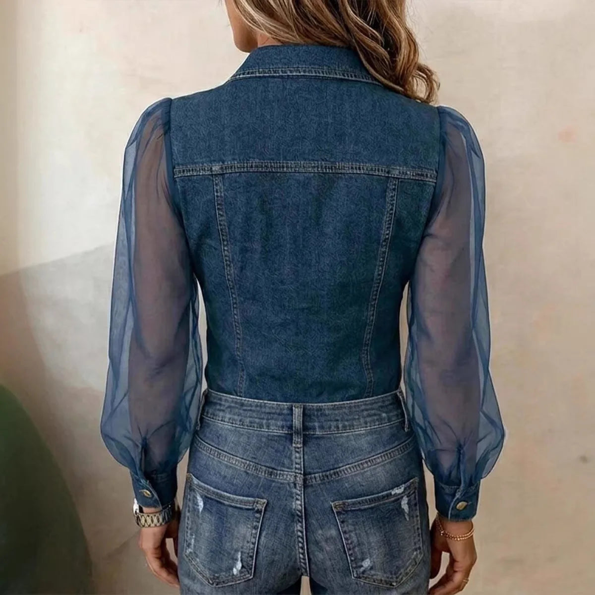 Celina Sheer Sleeve Denim Blouse