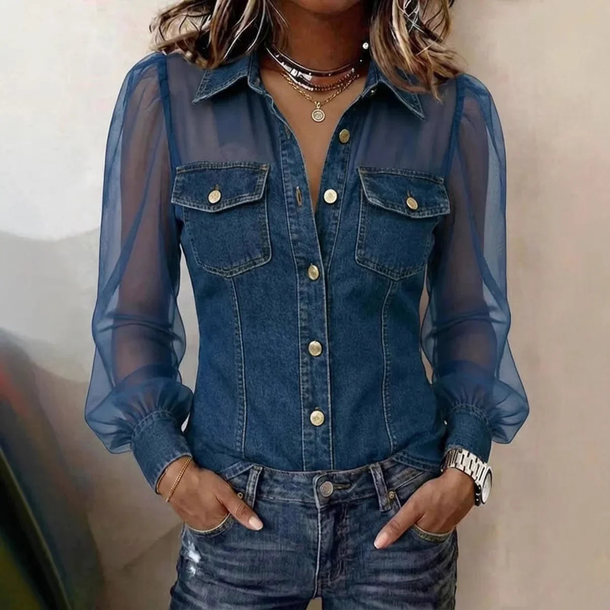 Celina Sheer Sleeve Denim Blouse