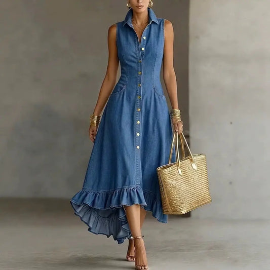 Luna Ruffle Denim Midi Dress